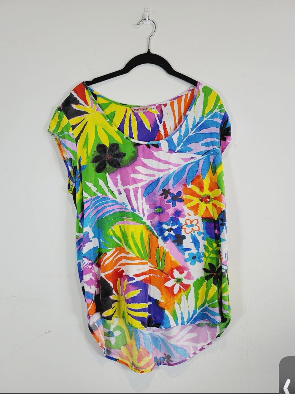 Jams World Eclair Bright Tropical Floral Print Short Sleeve Top, Size Large
